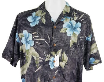 TOMMY BAHAMA Mens SILK Grey Multicoloured S/S Luxury Hawaiian Shirt Ultrasoft - L - Chest 46"