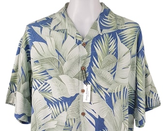 Camisa hawaiana de seda Tommy Bahama con estampado de hojas tropicales, azul, talla L