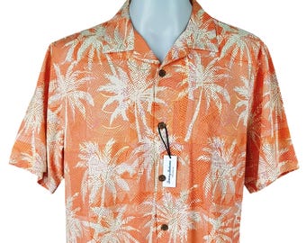 Camisa hawaiana de seda Tommy Bahama con estampado de palmeras naranjas, 122 cm de pecho