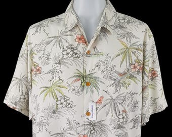Camisa hawaiana de seda Tommy Bahama - Estampado tropical marfil, XL