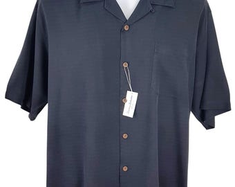 TOMMY BAHAMA Mens 100% Silk Black S/S Evening Shirt Herringbone - XL - 52"