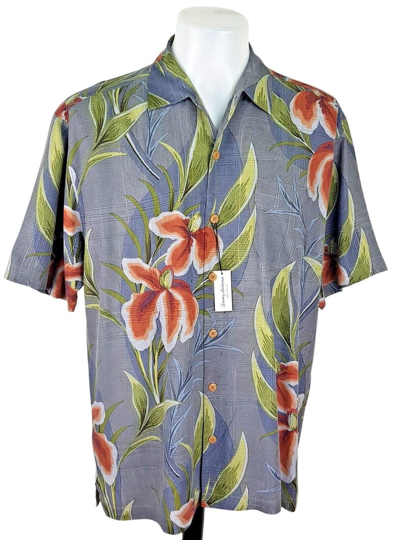 TOMMY BAHAMA Mens 100% Silk Grey S/S Luxury Hawaiian Shirt - L - 48" image 1