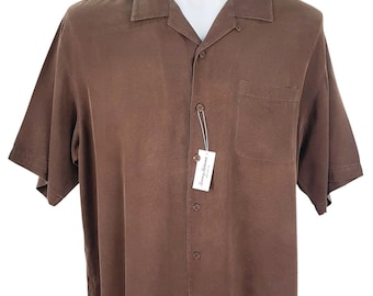 TOMMY BAHAMA Mens 100% Silk Brown S/S Luxury Evening Shirt  - L - 48"