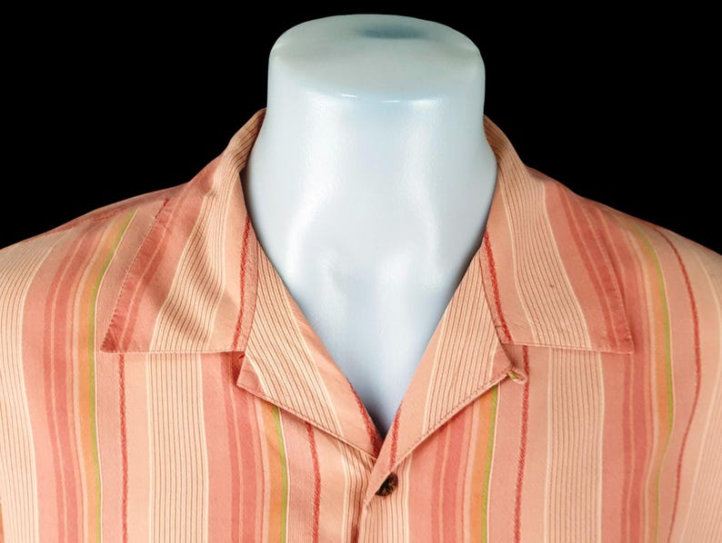 May include: A pink and green striped button-down shirt with a collar.