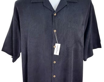 TOMMY BAHAMA Mens 100% Silk Black Striped S/S Hawaiian Shirt - L - 50"