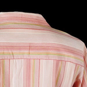 May include: A pink and white striped long-sleeve shirt with thin green stripes.