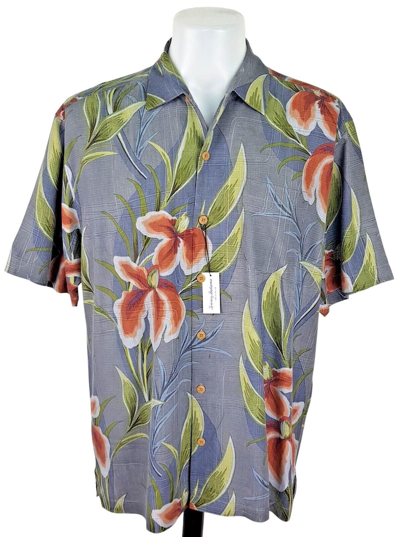 TOMMY BAHAMA Mens 100% Silk Grey S/S Luxury Hawaiian Shirt - L - 48" image 5