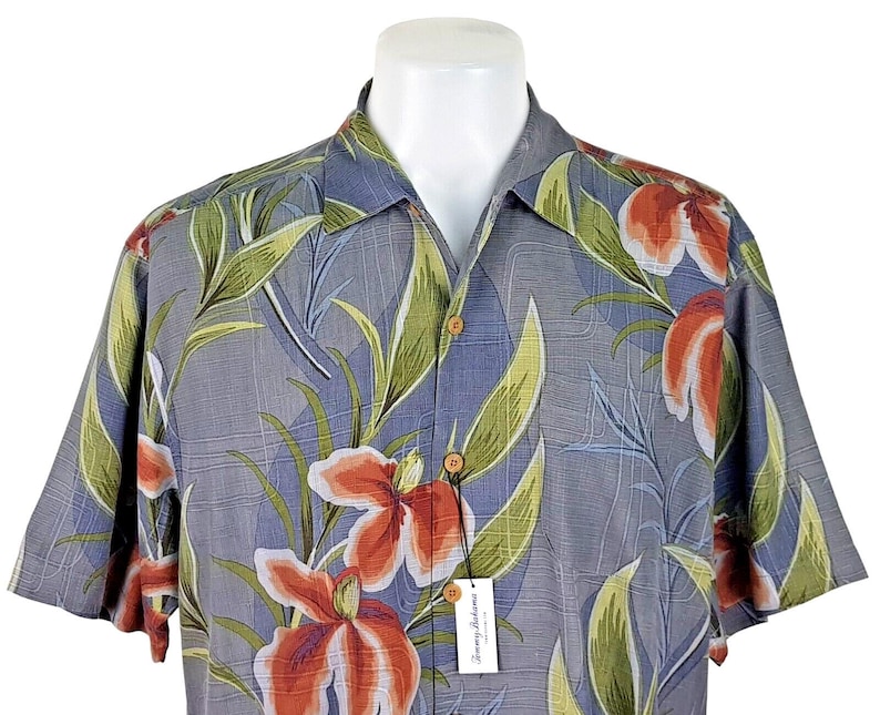 TOMMY BAHAMA Mens 100% Silk Grey S/S Luxury Hawaiian Shirt - L - 48" image 2