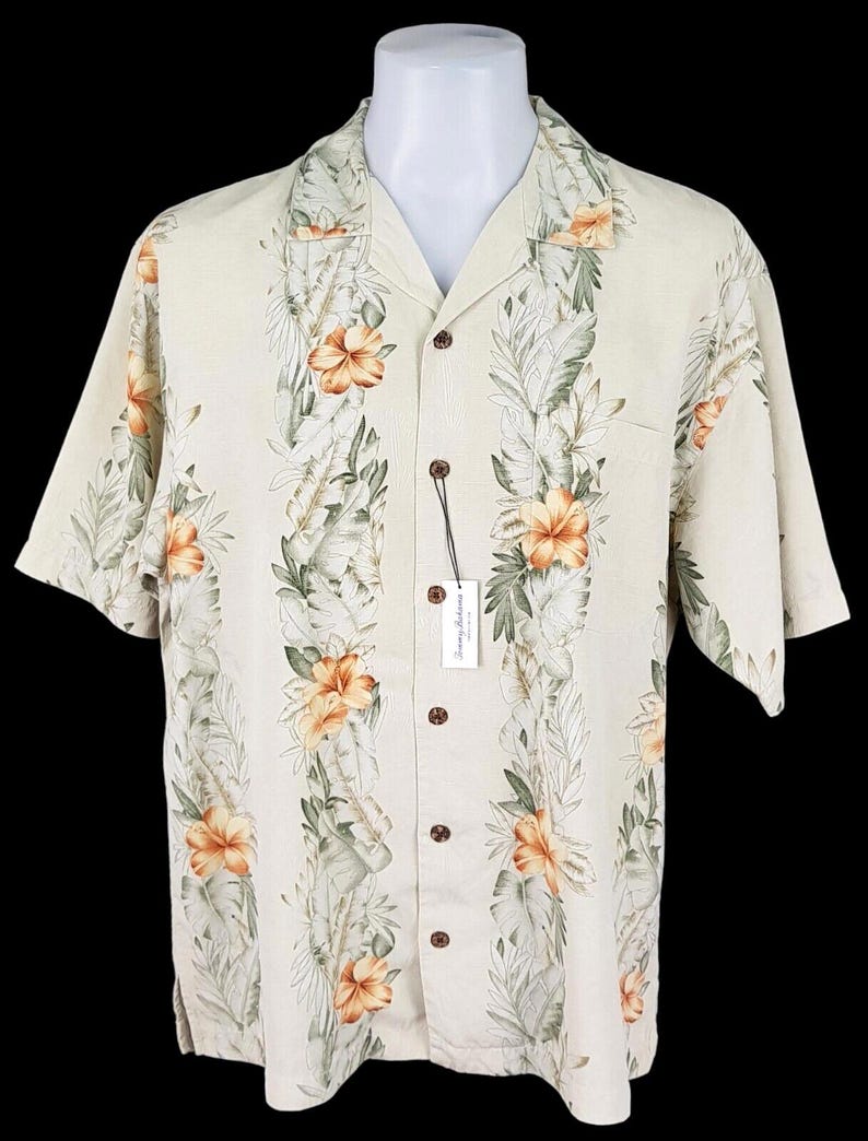 Camisa hawaiana TOMMY BAHAMA de seda pesada multicolor para hombre, manga corta, talla L - 50" imagen 1