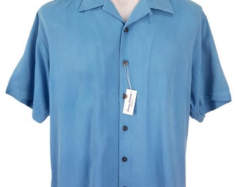TOMMY BAHAMA Mens 100% Silk Blue S/S Evening Shirt Ultrasoft - M (L) - 48"