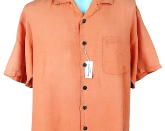 TOMMY BAHAMA Relax Mens 100% LINEN Orange S/S Evening Shirt - L - 52"