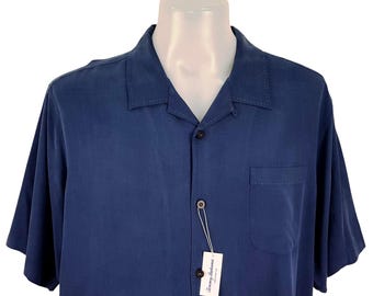 TOMMY BAHAMA Mens 100% Silk Navy Blue Evening Shirt - 2XL - 56"