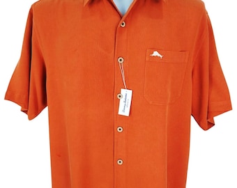 TOMMY BAHAMA Mens 100% Silk Orange S/S Luxury Evening Shirt - L - 48"