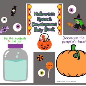 Puede incluir: Libro de actividades de desarrollo del habla de Halloween con actividades para decorar una cara de calabaza, poner ojos en un frasco y más.