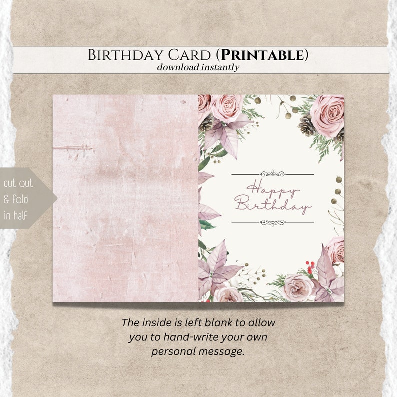 Roses Birthday Card for Her Printable Pink Floral Design - Etsy