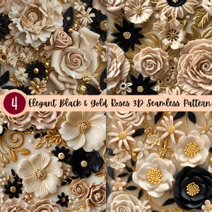 Könnte beinhalten: Ein nahtloses Muster mit schwarzen und goldenen 3D-Rosen und anderen Blumen. Das Muster ist perfekt, um jedem Projekt einen Hauch von Eleganz zu verleihen.