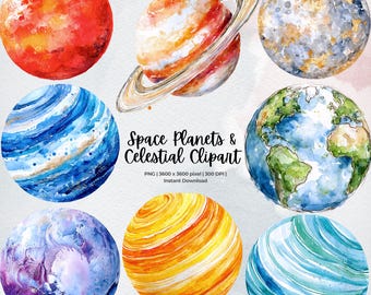 Space Planets & Celestial Clipart | Commercial Use | Watercolor Galaxy Digital Graphics | Solar System | Kids Room Art | Outer Space PNG
