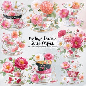 Clipart di una pila di tazze da tè vintage / Clip art floreale ad acquerello lucido / Tazze da tè rosa pesca Cottagecore / PNG / Download immediato