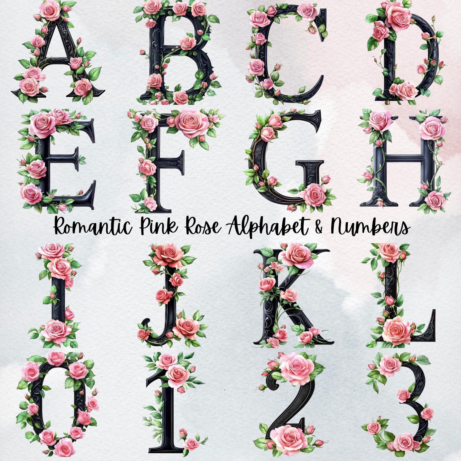 Pink Rose Alphabet Clipart, Romantic Letters PNG, Digital Download ...