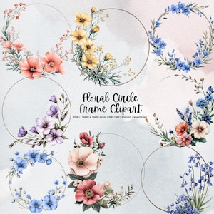 Marco circular de flores silvestres (imágenes prediseñadas) / Corona floral de acuarela (imágenes PNG) / Bordes redondos de flores para invitaciones, tarjetas y logotipos / Uso comercial