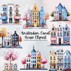 Paquete de imágenes prediseñadas de casas del canal de Ámsterdam, edificios holandeses en acuarela con árboles y bicicletas, conjunto de PNG de arquitectura en tonos pastel suaves, descarga instantánea