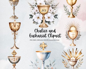Calice et eucharistie des cliparts | Première communion PNG | Symboles de la messe catholique | Calice doré aquarelle avec hostie | Téléchargement instantané