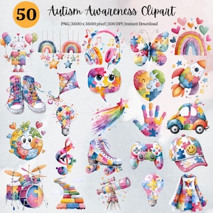 Könnte beinhalten: Eine Sammlung von 50 Aquarell-Clip-Art-Bildern zum Thema Autismus-Aufklärung. Die Bilder umfassen einen Roboter, Schuhe, einen Drachen, Kopfhörer, einen Schmetterling, eine Rakete, ein Auto, einen Globus, eine Glühbirne, Rollschuhe, einen Gamecontroller, eine Baseballkappe und mehr.
