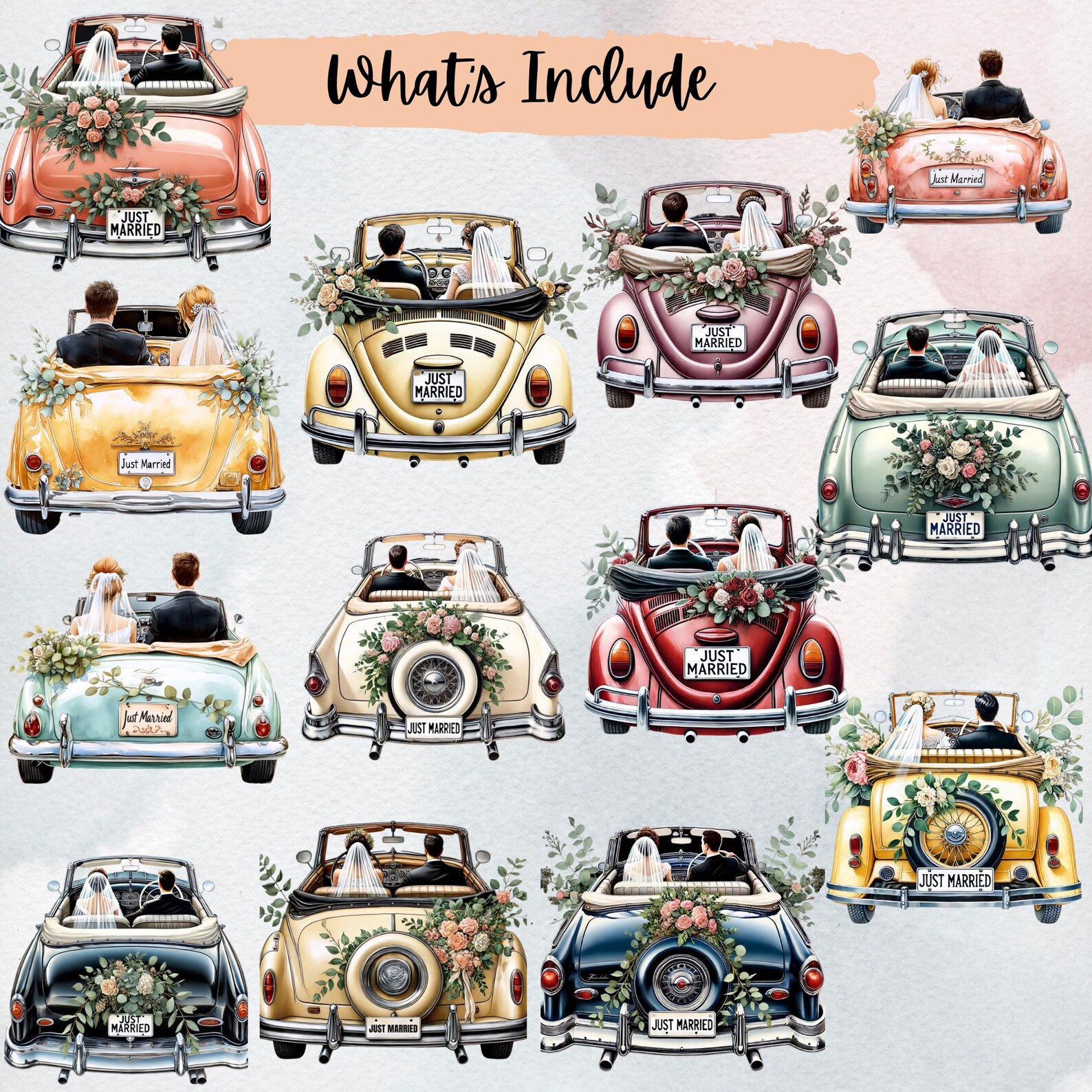Just Married Car Clipart, Bride and Groom, Wedding Day, Floral Car PNG ...
