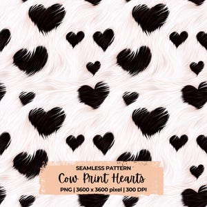 May include: A seamless pattern featuring black cow print hearts on a white background. The hearts are arranged in a repeating pattern, creating a fun and playful design. The pattern is perfect for use in a variety of projects, such as fabric, wallpaper, and wrapping paper.