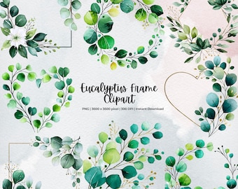 May include: A collection of watercolor eucalyptus frame clip art in various shapes, including circles, squares, and hearts. The leaves are shades of green, with some designs featuring white flowers. The text "Eucalyptus Frame Clipart" is also present.