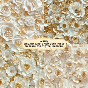 Elegant Ivory Roses 3D Seamless  Floral Digital Pattern Bundle, White and Gold Roses, High-Quality 4 PNGs,  instant download Sublimation POD