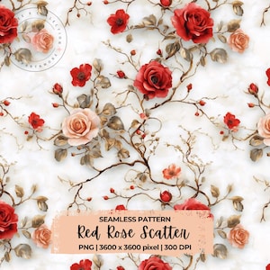 Papel digital sin costuras con diseño floral de rosas rojas dispersas, fondo claro, papel imprimible romántico, rosas de boda, textura de clipart