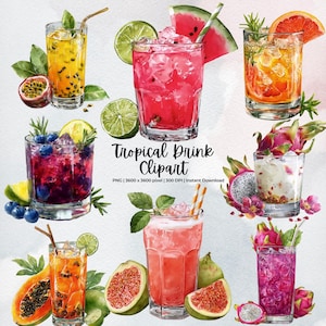 Tropische drankclipart | PNG-set zomercocktail | Aquarel vruchtensapillustraties | Exotische drankkunst | Digitale download