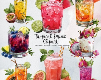 Tropical Drink Clipart | Summer Cocktail PNG Set | Watercolor Fruit Juice Illustrations | Exotic Beverage Art | Digital Download