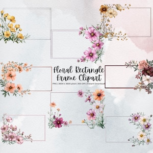 Clipart cadre rectangle de fleurs sauvages | Bordure florale aquarelle PNG | Cadres de jardinière imprimables pour faire-parts et cartes | Utilisation commerciale