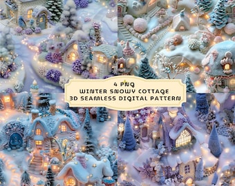Peut inclure: Un motif numérique sans couture représentant une scène hivernale féerique avec des chalets recouverts de neige, des lumières scintillantes et des arbres toujours verts luxuriants. Le motif est parfait pour créer des objets artisanaux festifs, du papier d'emballage et des motifs de tissus.