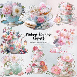 Clipart di tazze da tè vintage, PNG di tè floreale, set da tè con acquerello, download digitale, clipart di cottagecore, clipart di tazze da tè con rose pastello, artigianato