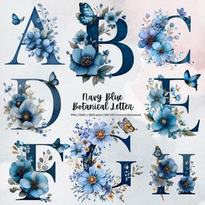 Blauwe bloemen alfabet clipart A–Z | Elegante bloemenmonogramletters png | Marineblauwe botanische letterkunst | Bruiloft en babykamer | Digitale download
