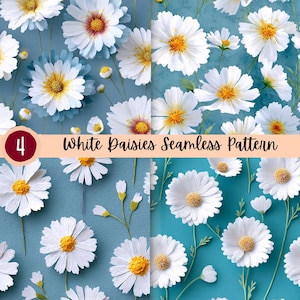 White Daisies | Seamless Flower Pattern | Embossed Digital Paper | Blue Background | Floral Printable | Cottagecore Scrapbook