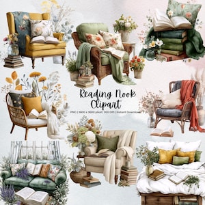May include: Watercolor clipart set featuring cozy reading nooks. The image includes various armchairs, sofas, and beds adorned with pillows, blankets, and open books. Floral arrangements and decorative elements enhance the inviting atmosphere. Text: Reading Nook Clipart.