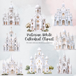 Victorian White Cathedral Clipart | Gothic Church Clip Art PNG |Watercolor Cathedral Illustrations | Religious Buildings | Vintage Faith Set