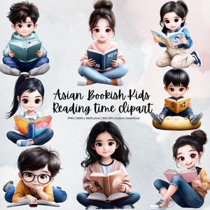 May include: Eight illustrations of Asian children reading books. The children are wearing casual clothing and are sitting in various poses. The books are open and show colorful illustrations. The illustrations are in a cartoon style and have a whimsical feel.