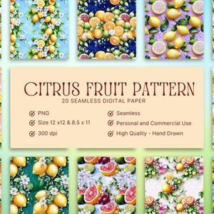 Paquete de papel digital con patrones sin costuras de frutas cítricas de 12 x 12 y 8,5 x 11 pulgadas, diseños de limón, naranja y lima