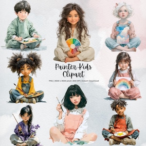 画家の子供たちのクリップアート、多様なアーティストの子供たちのPNG、水彩画の子供たちのアート、デジタルダウンロード、包括的な美術の授業のクリップアート、画材PNG