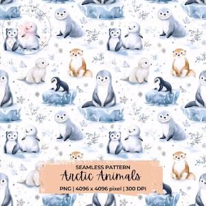 Modèle sans couture animaux de l'Arctique, bébé animaux d'hiver PNG, Clipart pingouin mignon, papier numérique pour chambre d'enfant, ours polaire, loutre, conception de phoque