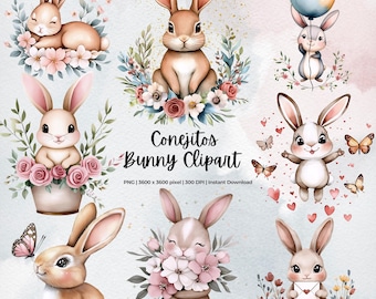 Bunny Clipart PNG, Easter Bunny Clipart, Watercolor Bunny, Digital Clipart, Cute Bunny, Spring Bunny Commercial Use, Rabbit Clipart Bundle