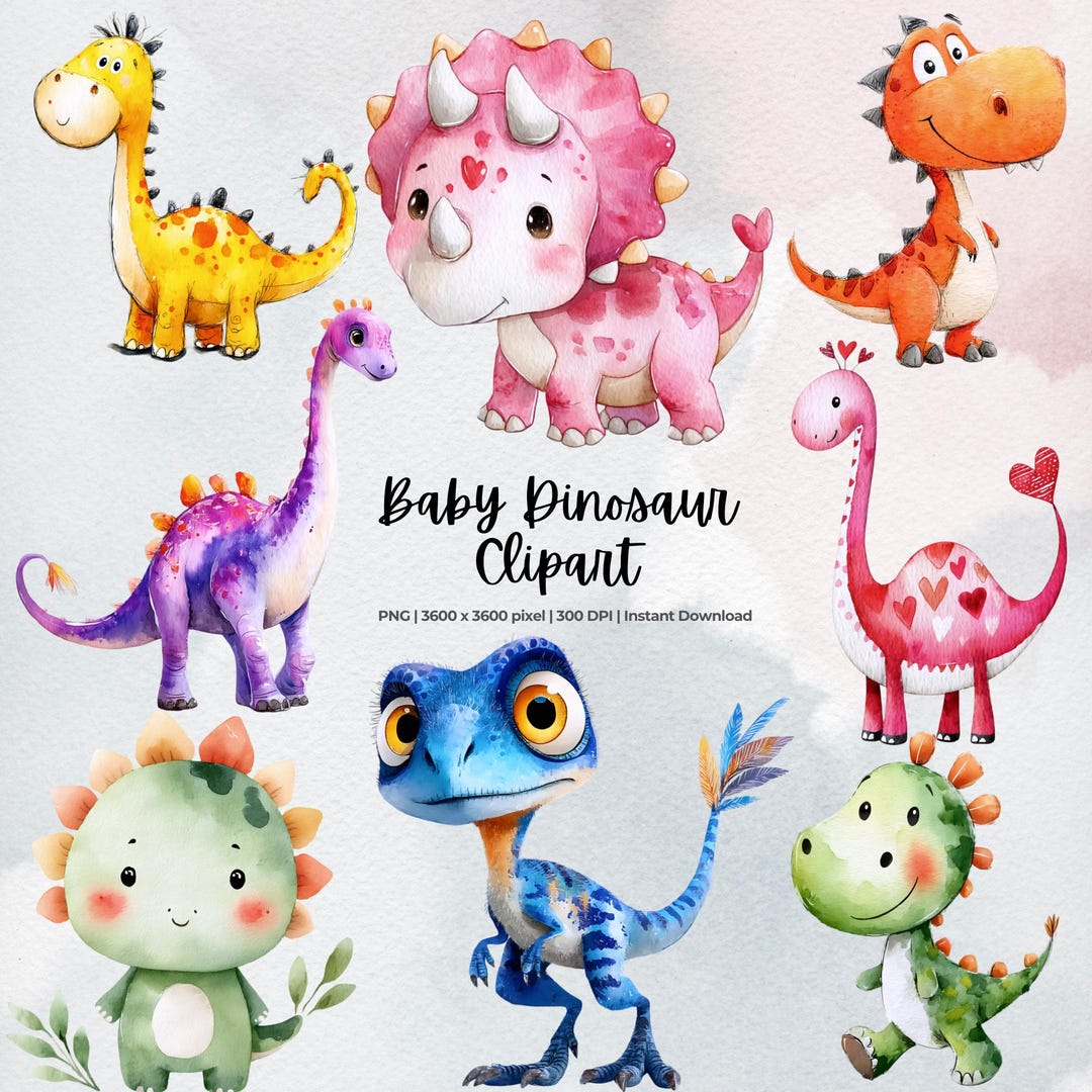 Baby Dinosaur Clipart | Cute Dino PNG | Watercolor Cartoon Dinosaurs ...