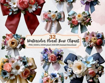 Watercolor Bow Clipart, Floral Bow PNG, Ribbon Bow Digital, Coquette Bow, Commercial Use, Sublimation Design, Instant Download