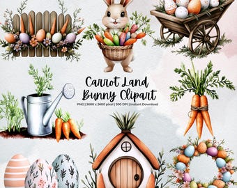 Carrot Land Bunny Clipart | Cute Bunny with Carrots | Easter Watercolor Clipart | Spring Bunny PNG | Commercial Use | Digital Download