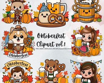 Oktoberfest Clipart | Cute Autumn Beer Festival Character | Watercolor Fall PNG | Pretzel, Beer, Pumpkin | Instant Download | Commercial Use